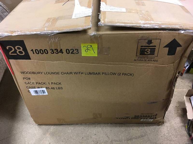 lot 29 image: Hampton Bay Woodbury Wicker Outdoor Patio Lounge Chair with Textured Sand Cushion (2-Pack) NEW