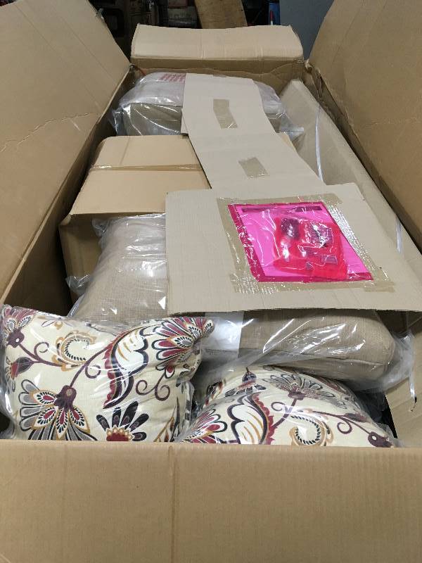 lot 33 image: Hampton Bay Woodbury Sofa with two toss Pillows New