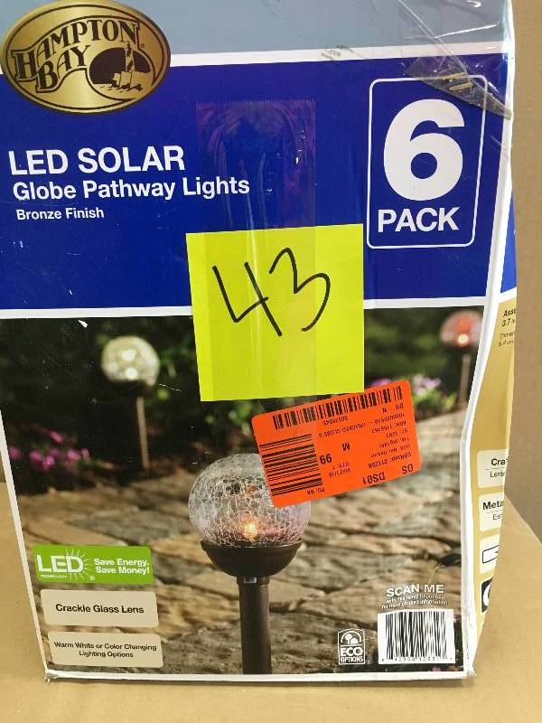 lot 43 image: Hampton Bay Solar Remington Bronze Outdoor Integrated LED Landscape Path Light with Crackled Glass Globe (6-Pack) New