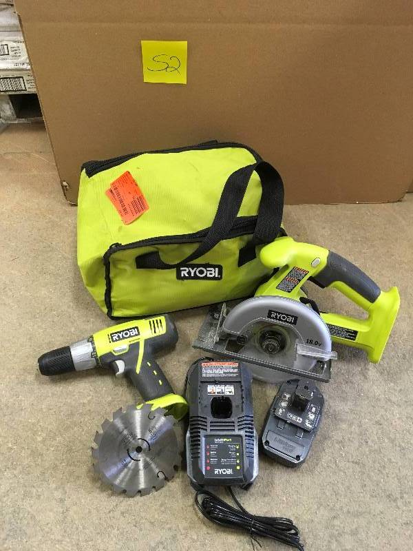 lot 52 image: RYOBI 18-Volt ONE 7-14 in. Circular Saw Tool combo kit with Battery, Rapid Charger, Bag and drill  USED