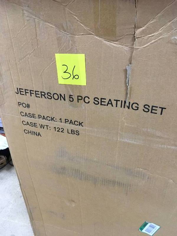 lot 36 image: Hampton Bay Jefferson 5-Piece Wicker Outdoor Seating Set with Peacock Java Cushions not used