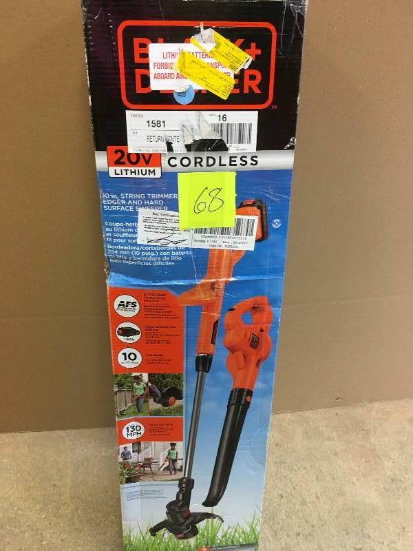 lot 68 image: Black & Decker 20-Volt MAX Lithium-Ion Cordless String Trimmer and Sweeper Combo Kit (2-Tool) with 1.5Ah Battery and Charger Included used & tested