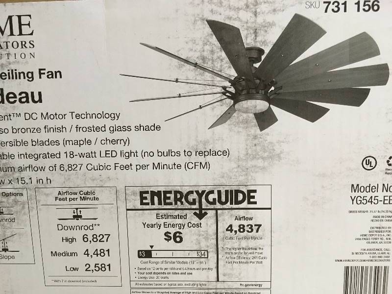 lot 73 image: Home Decorators Trudeau 60 in. LED Indoor Espresso Bronze Ceiling Fan with Light Kit and Remote Control Not Used like new