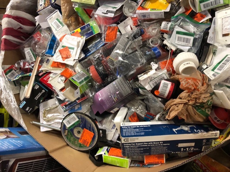 lot 106 image: Gaylord with misc small items, lots of new items, open packages, some used andor incomplete, electrical. plumbing, lights, hardware, misc etc good opportunity for flea marketonline sellers