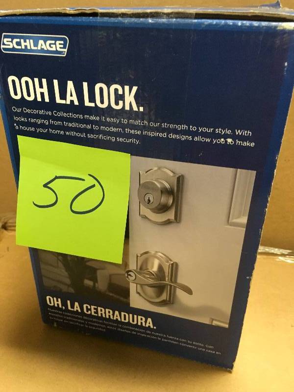 lot 50 image: Camelot Satin Nickel Single Cylinder Deadbolt with Georgian Entry Door Knob Combo Pack