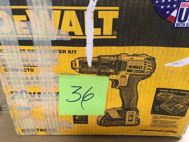 lot 36 image: Dewalt 20-Volt MAX Lithium-Ion Cordless Compact DrillDriver with  Battery 1.5Ah, Charger in working condition