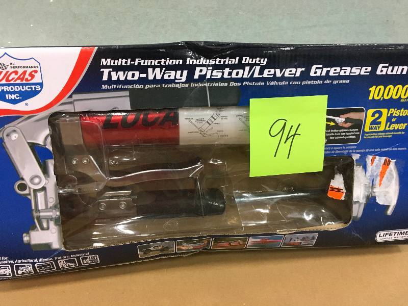 lot 94 image: Lucas Industrial Duty Two-Way PistolLever Grease Gun like new in good conditions