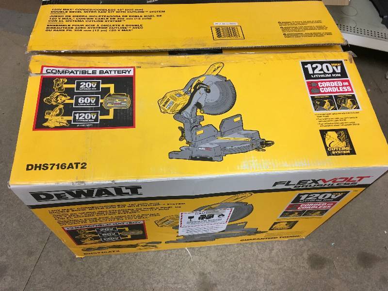 DeWalt FLEXVOLT 120-Volt MAX Lithium-Ion Cordless Brushless 12 in. Miter Saw w AC Adapter, (2) Batteries 2Ah and Charger Not Used