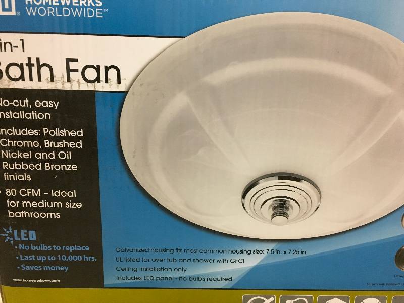 Homewerks Decorative 80 CFM Ceiling Bathroom Exhaust Fan with LED Light and White Globe Not Used