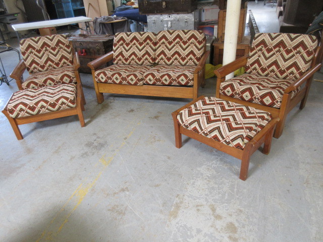 lot 119 image: VINTAGE WOODEN LIVING ROOM SET WITH YARN WOVEN CUSHIONS