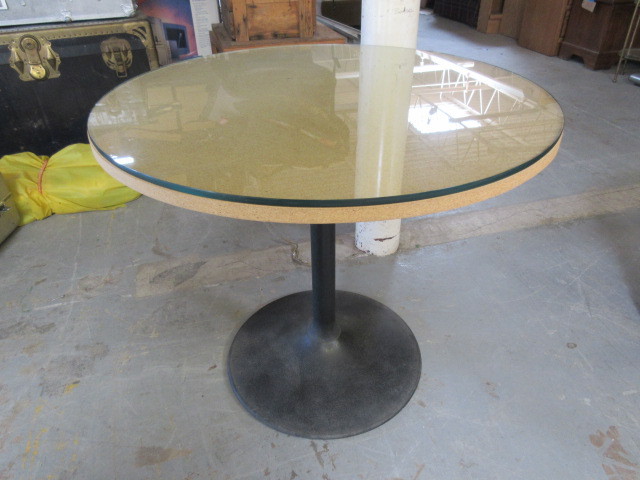 lot 125 image: ROUND WOODEN TABLE WITH METAL BASE