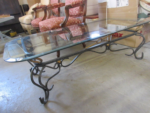 lot 127 image: WROUGHT IRON AND GLASS COFFEE TABLE