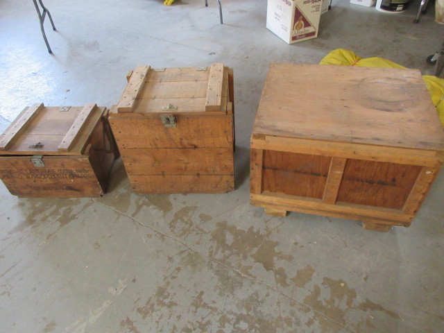 lot 132 image: ONE WOODEN AMMUNITION CRATE AND TWO SHIPPING CRATES