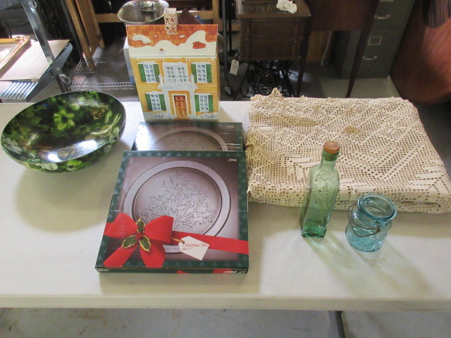 lot 156 image: CROCHET TABLE CLOTH, JARS, PLATES AND MORE