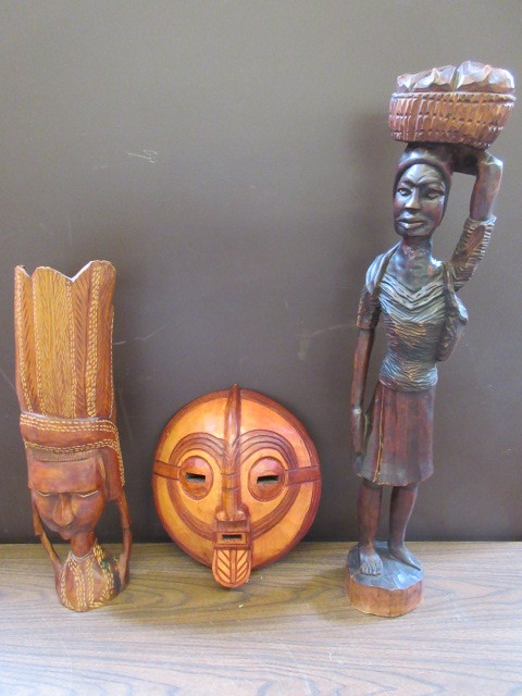 lot 159 image: HAND CARVED WOODEN STATUES AND MASK
