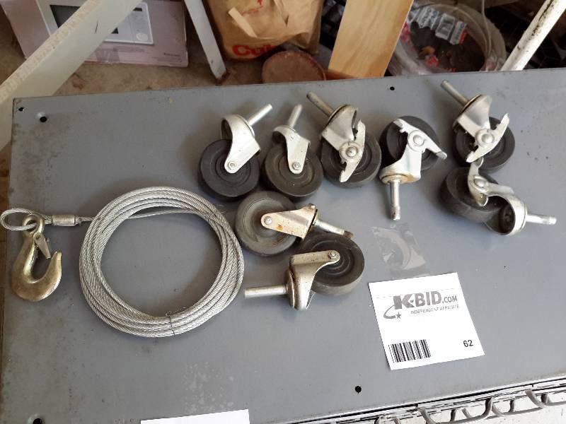 lot 62 image: Lot of Casters and Wire Rope w Hook