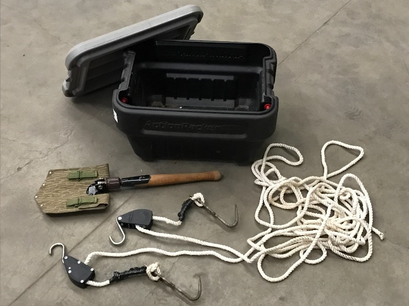 lot 43 image: Storage Tote With Folding Shovel & ...
