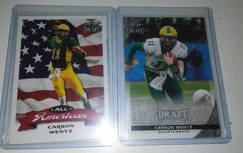 lot 38 image: 2 Carson Wentzrookie cards, Leaf, All American and Leaf, draft in protective hard sleeves