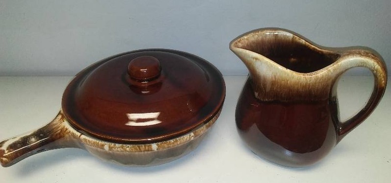 lot 104 image: McCoy picture 365 and covered bowl with handle McCoy is 6.5 in tall