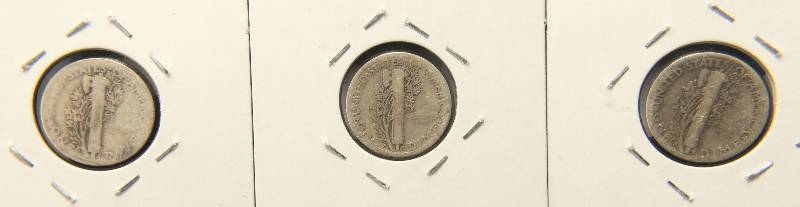 3 MERCURY DIMES 1917-S 1925-S, 1927-S