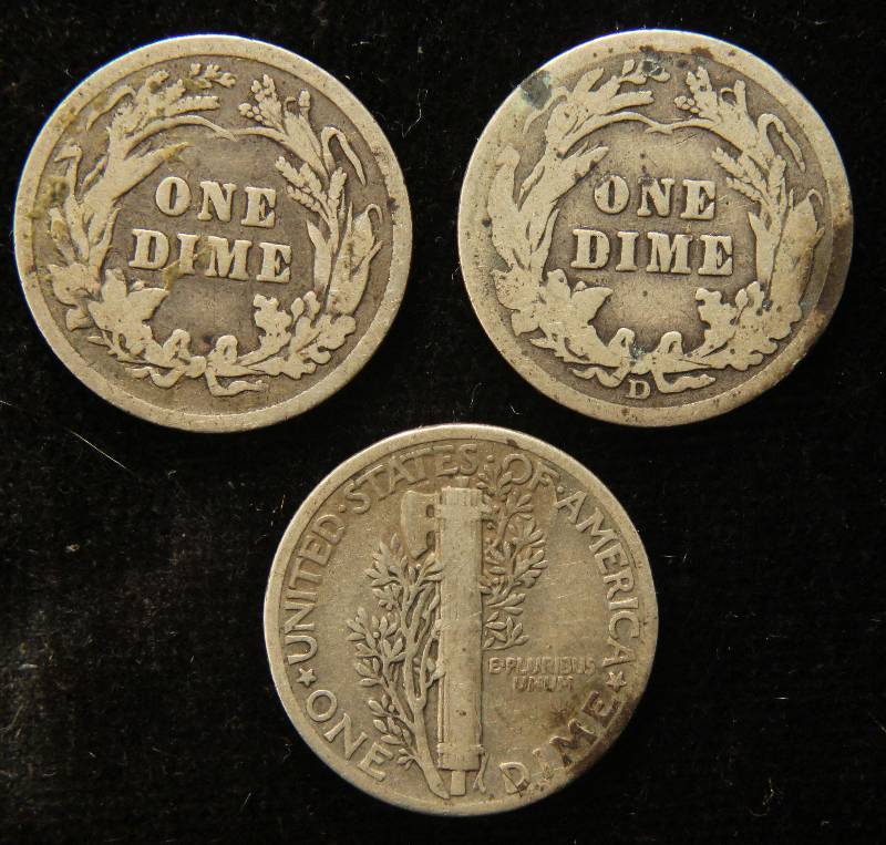 3 SILVER DIMES 1898 & 1914-D BARBER & 1940 MERCURY