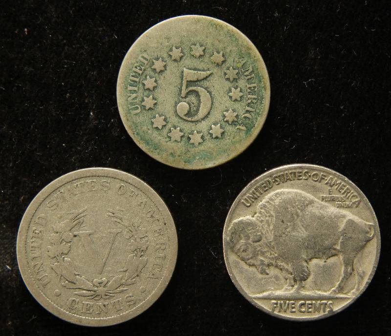 3 DIFFERENT TYPE NICKELS 1867 SHIELD, 1906 LIBERTY & 1936 BUFFALO