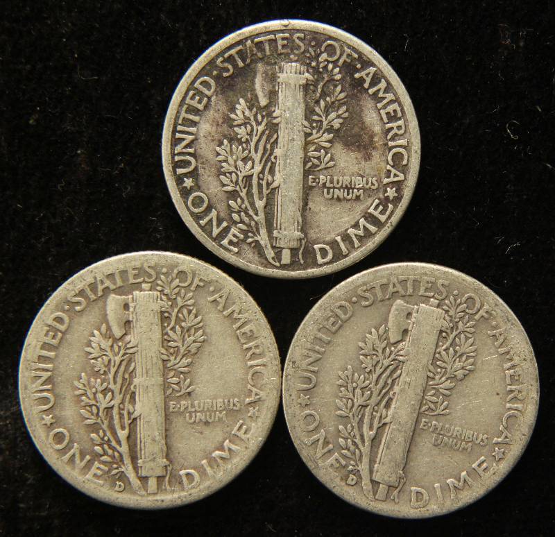 3 MERCURY DIMES 1940, 1942-D, 1943-D