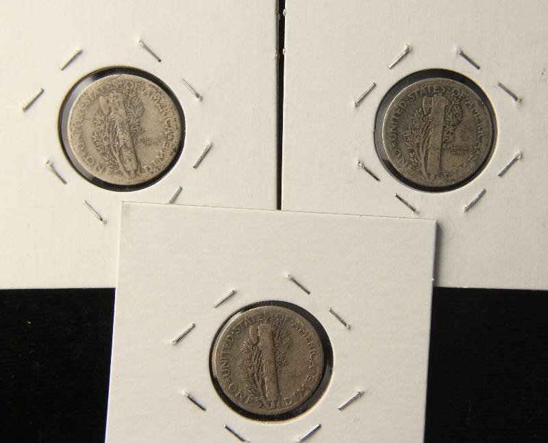 3 MERCURY DIMES 1919, 1923 & 1929-S