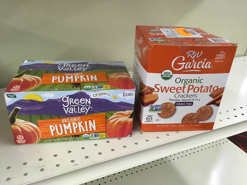 lot 65 image: RW Garcia Organic Sweet Potato Crackers &Green Valley Organic Pumpkn, Retail $17.68