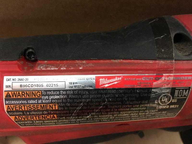 Milwaukee M18 18-Volt Lithium-Ion Cordless 4-12 in. Cut-OffGrinder (Tool-Only) used in working condition.