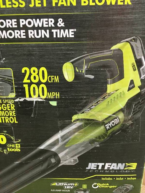 Ryobi ONE 100 MPH 280 CFM Variable-Speed 18-Volt Lithium-Ion Cordless Jet Fan Leaf Blower 4Ah Battery and Charger Included
