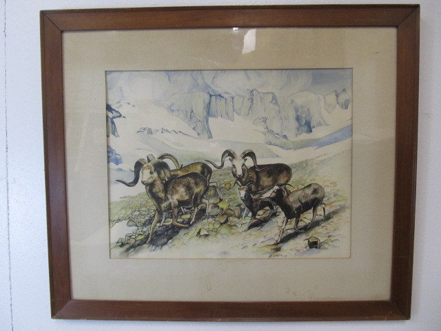 lot 50 image: Signed 1940s Western Mountain Goats Original Watercolor Painting