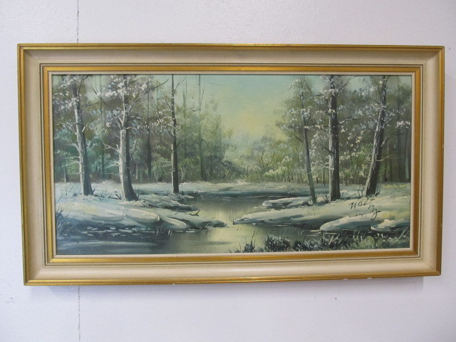 lot 130 image: Nice Vintage Original Winter River Scene Landscape Oil Painting - Signed Waltz
