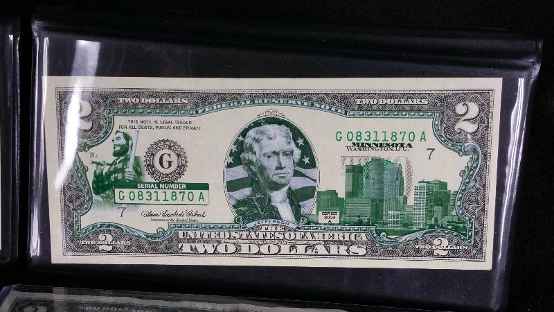lot 107 image: (2) Colorized 2003 $2 Notes, 2003 $2 Note, and 1976 $2 Note