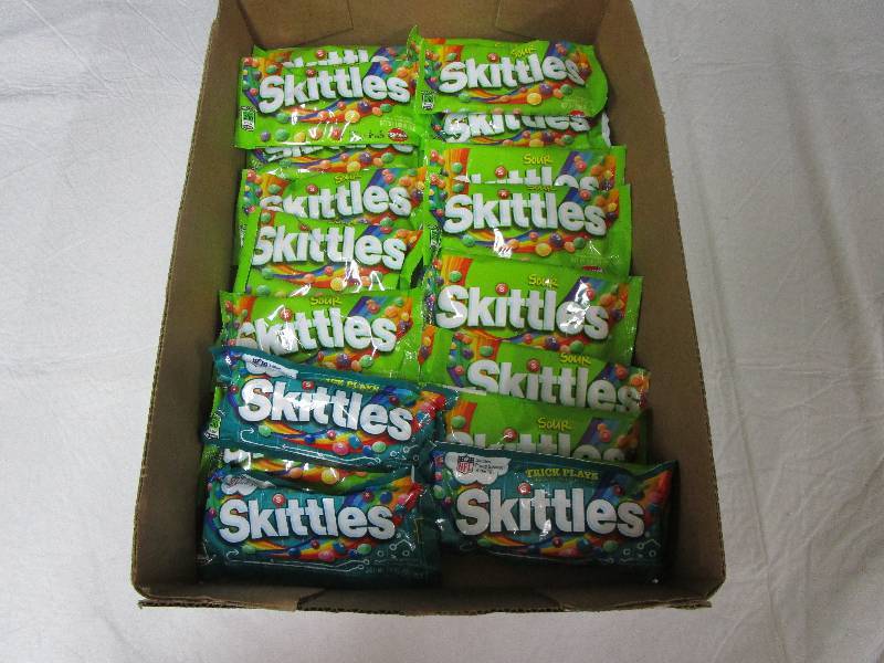 lot 19 image: 17 Sour Skittles Bags, 3 Trick Plays Skittles Bags