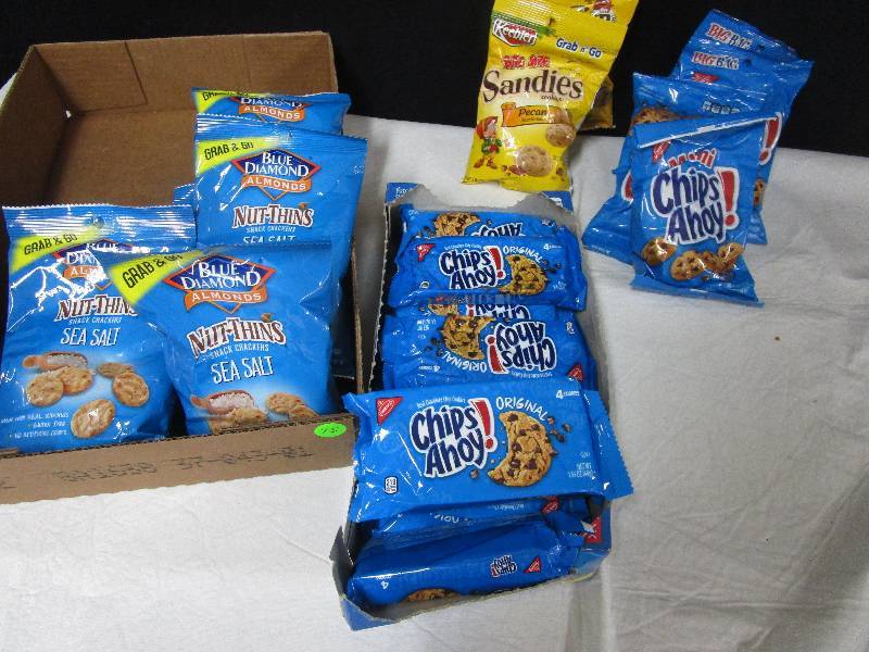 lot 45 image: 7 Sea Salt snack Crackers, 13 Chips Ahoy cookies, 4 bag chips ahoy, 2 sandies cookies