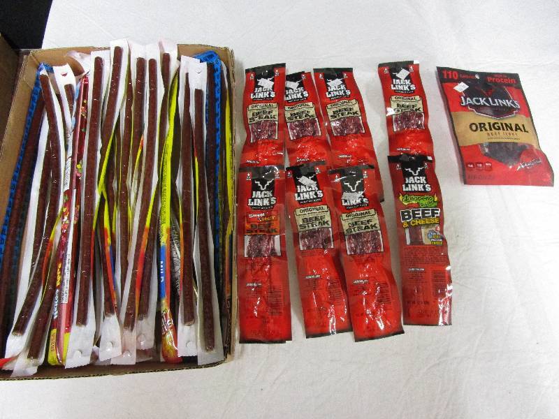 lot 47 image: 6 original beef steak, 1 cheese and beefs, 1 original beef jerkey bag and assortment of beef sticks