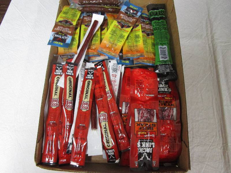 lot 50 image: 7 sweet and hot beef steak, 25Orginal beef sticks, 2 kickass jalapeno and cheddar, 14 breakfast susage original