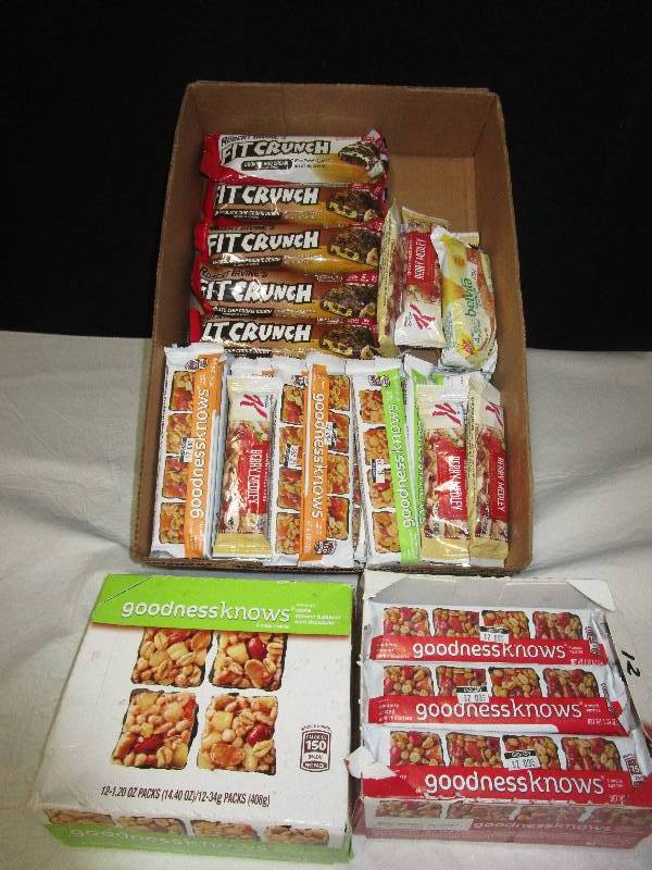 lot 58 image: 57 Bars Total.. Goodness Knows  Gluten Free Bars and proetein Bars along with some Special K Bars.