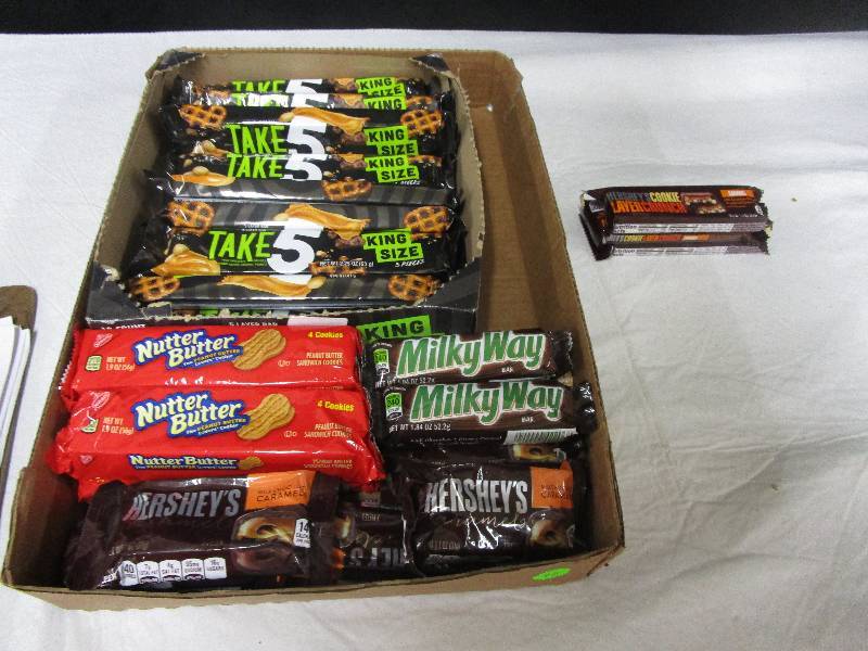 lot 78 image: 2 milky way, 13 king size take 5, 7 hersheys carmels,4 nutter butter, 4 hersheys cookie layer crunch, 2 whatchamacallit