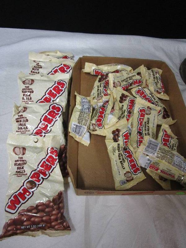 lot 91 image: 5 big bags of whoppers, 13 small bags of whoppers