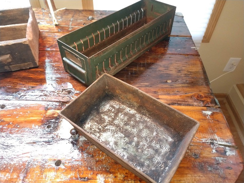 lot 22 image: Primitive&nbspWood Drawer, Antique Green Metal Drawer, and Two Metal Card Holders