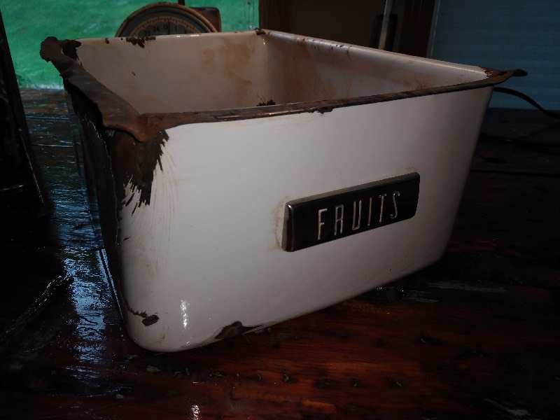 lot 32 image: Vintage Cow Tags and Vintage Chains and Porcelain Antique Refrigerator Drawer Labeled Fruits