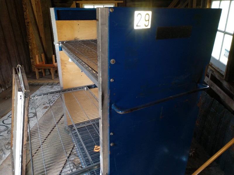 lot 50 image: Blue Storage Cart on 508 Basic USA Casters w Pull Out Commercial Wire Shelves and Two Windows