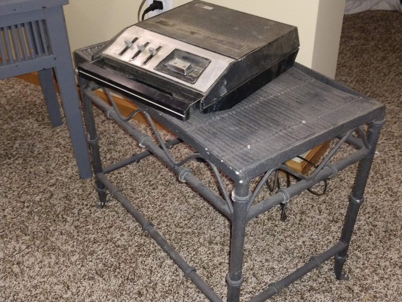 lot 52 image: Two Bamboo End Tables, Beautiful Lamp w Golden Egg Shape Wrapped w Golden Trellis and Flowers- Works, and General Electric Two Way Recorder- Doesnt Work