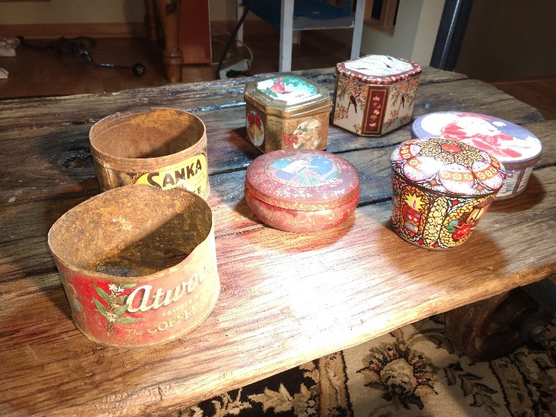 lot 71 image: Atwoods Coffee Can, Sanka Coffee Can, Five Meister Tins