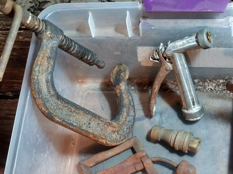 lot 73 image: C Clamp, Mouse Trap, Chain, Fleetwood Door Emblem, Primitive Tools and Antique Parts