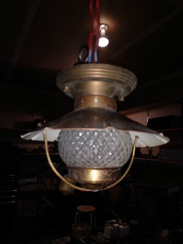 lot 79 image: Antique Rare Copper Lantern Textured Acorn Glass Globe Pedant Ceiling Light