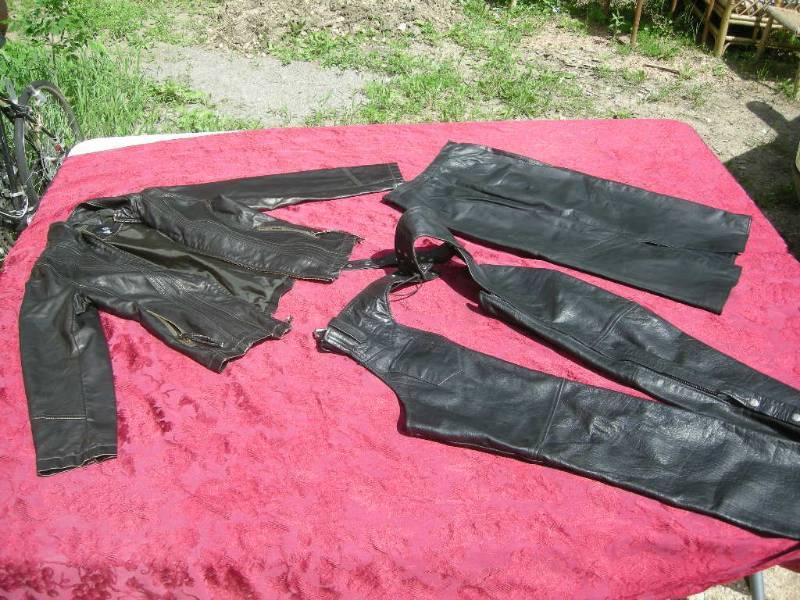 lot 93 image: Womans Black Leather Jacket, Chaps, Skirt