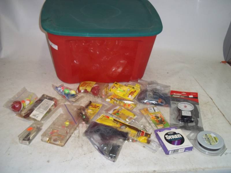 lot 7 image: Assorted Fishing Tackle and supplies with tote